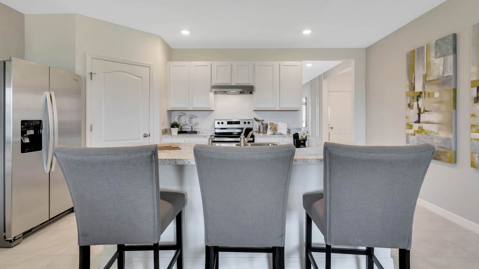 kitchen barstools with ceramic tile flooring