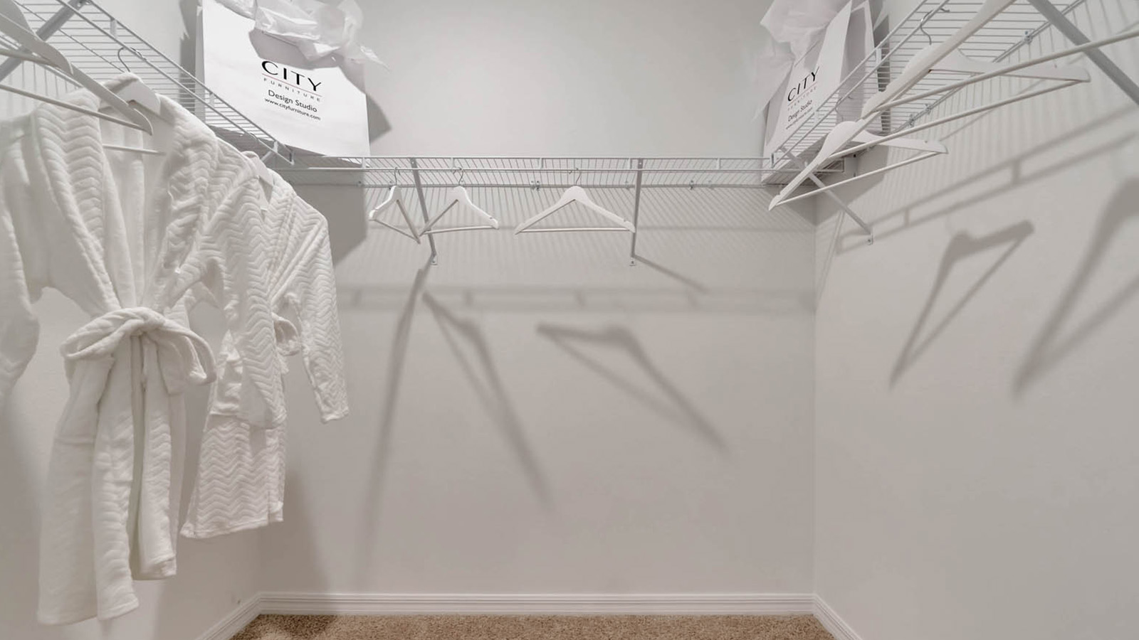 Master closet with carpet throughout the room