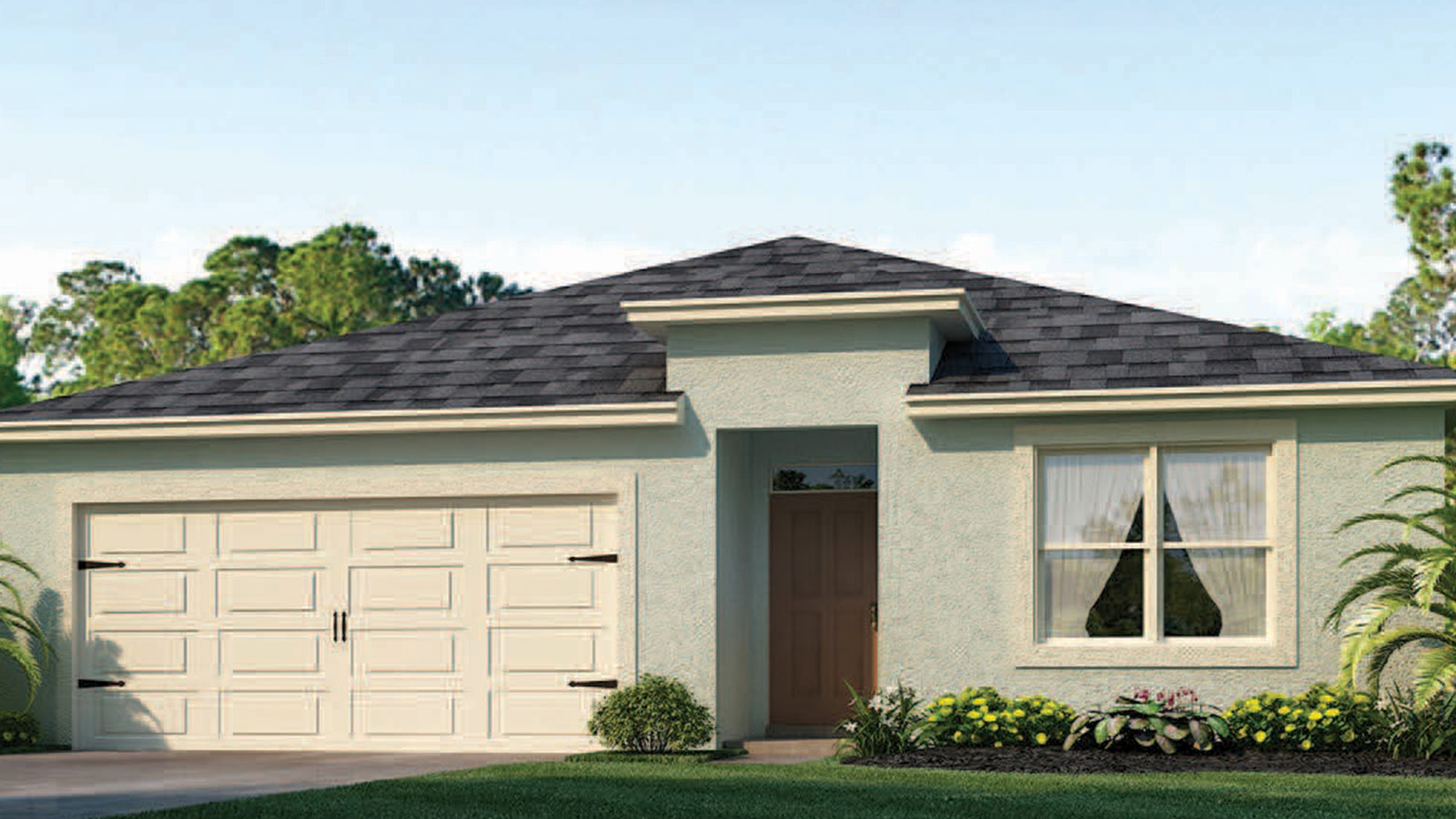 Rendering Exterior single family home with two car garage