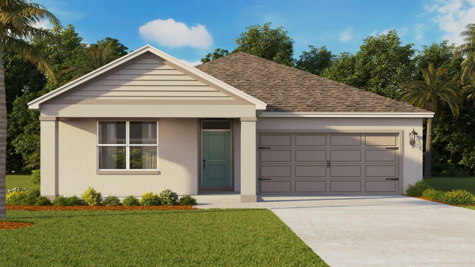 Rendering of One-story home exterior with 2 car garage and front porch