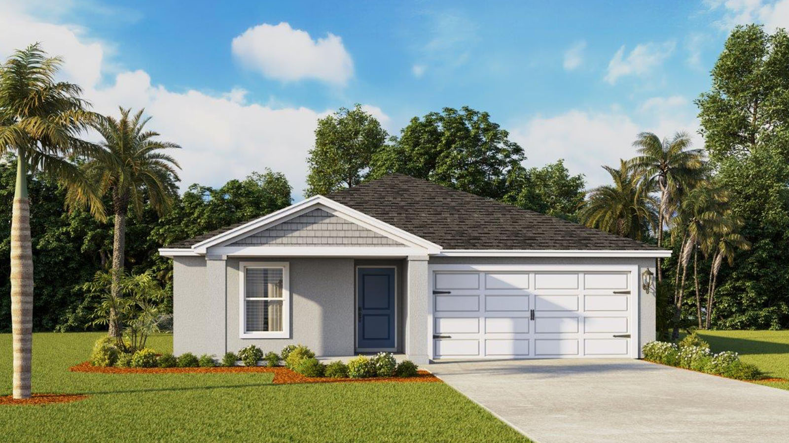 Rendering of One-story home exterior with 2 car garage and white exterior