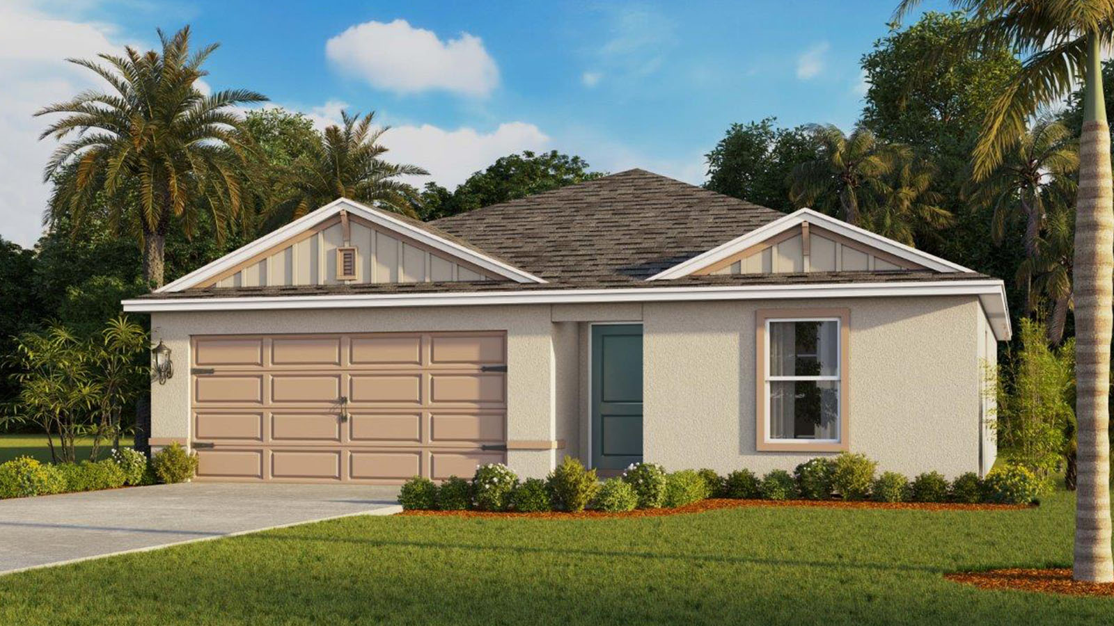 Rendering of One-story home exterior with 3 car garage and front porch