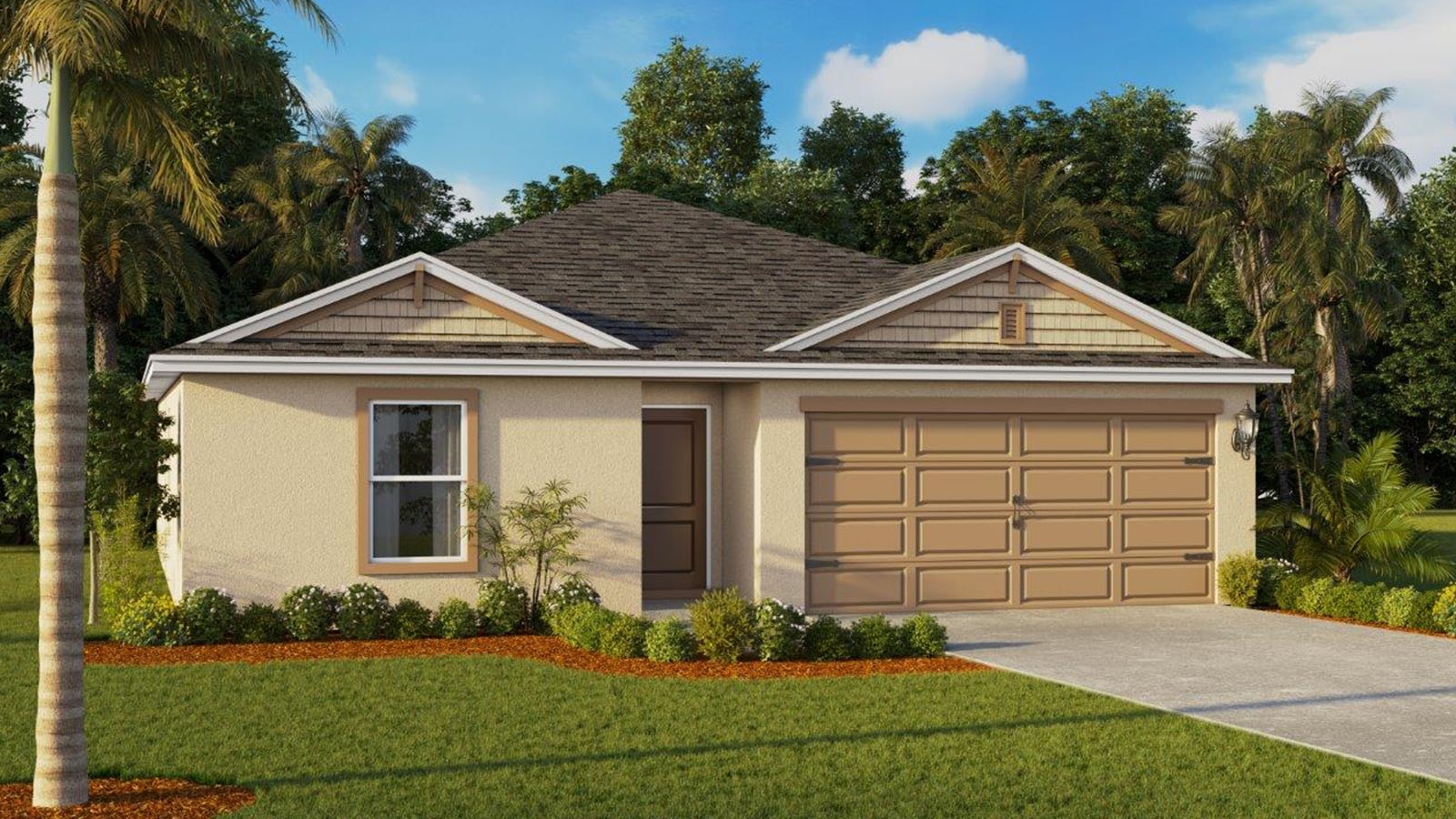 Rendering of One-story home exterior with 2 car garage and tan exterior