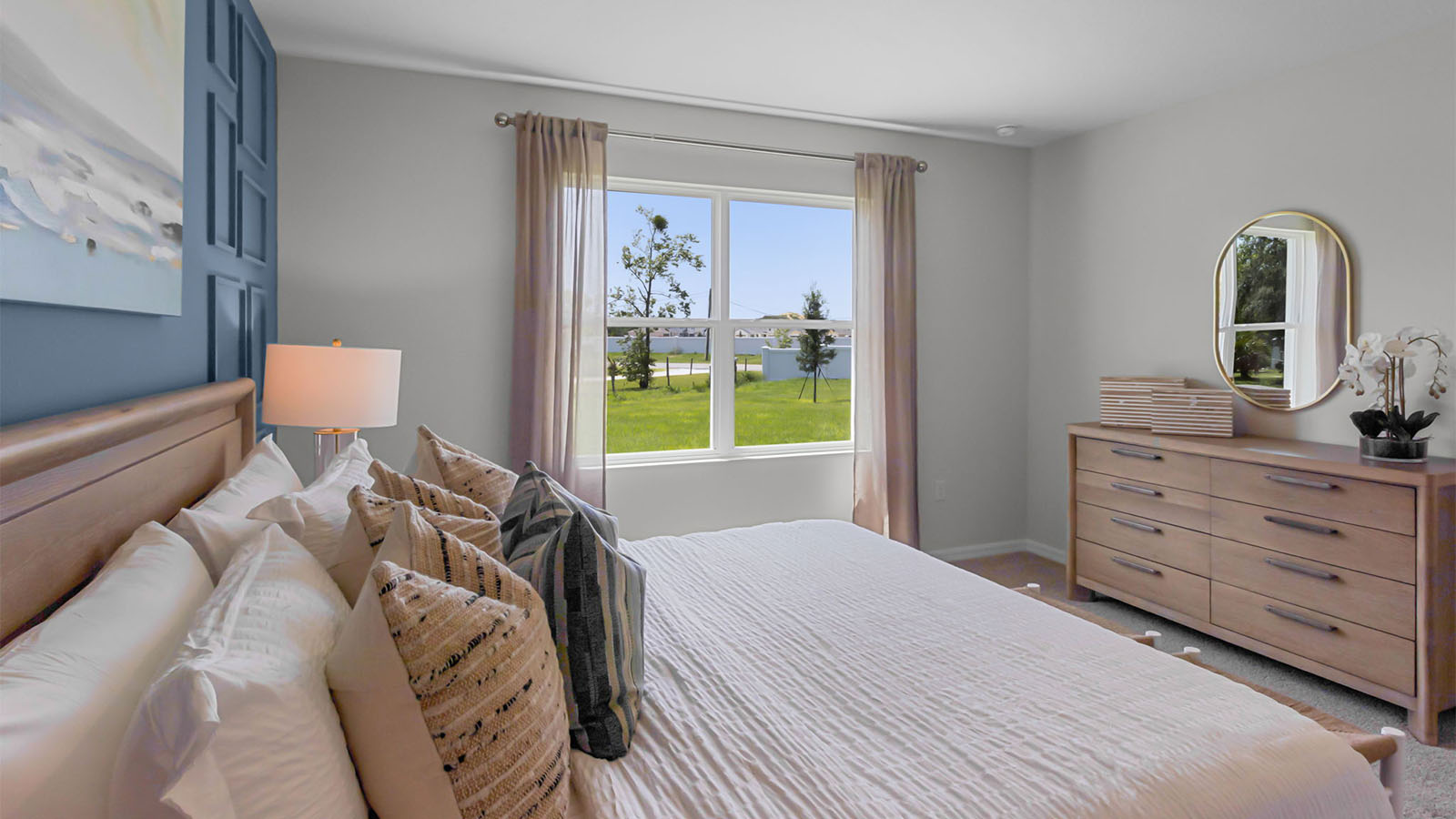 Living room with view of primary bedroom
