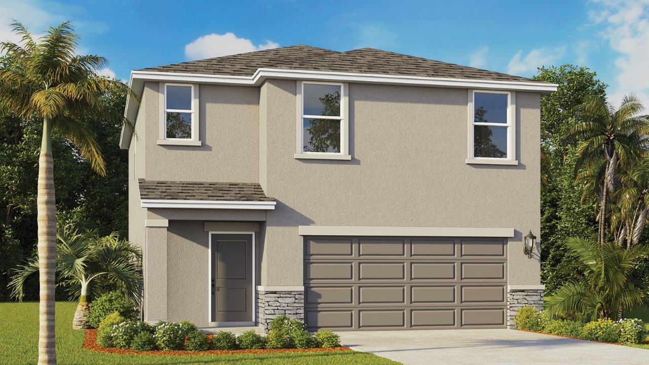 Rendering of Two story home with two car garage and stone exterior