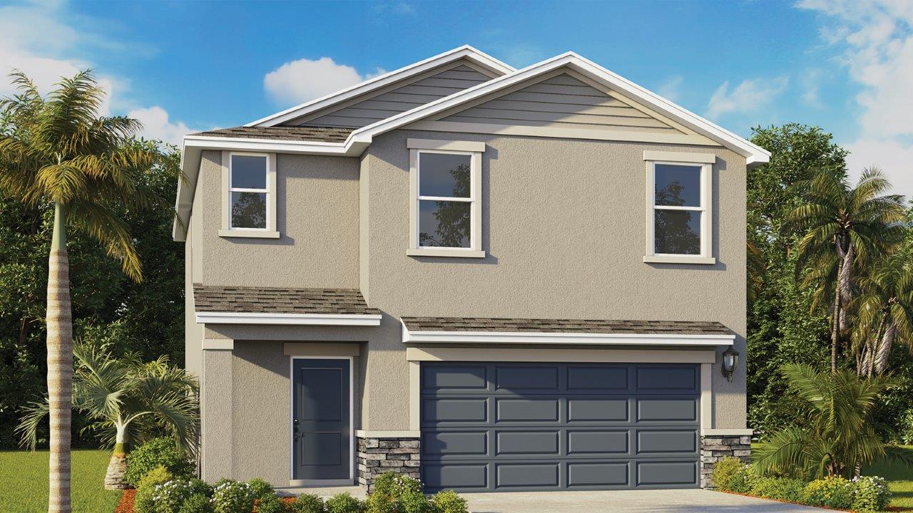 Rendering of Two story home with two car garage and stone exterior