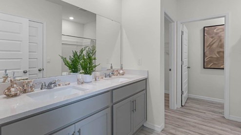 Primary bathroom with double vanity sink, quartz counter tops and walk in closet