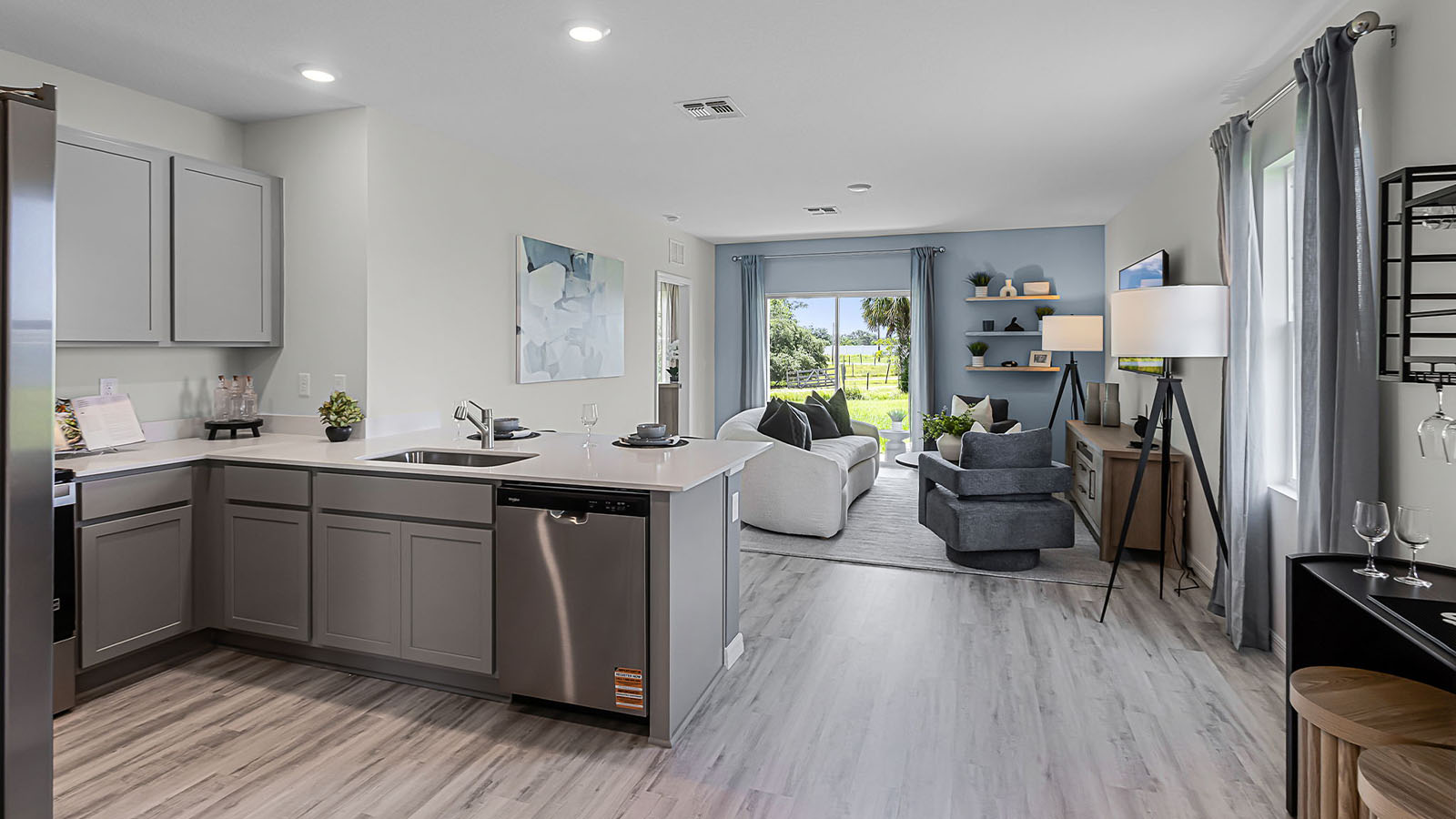 Kitchen with view of living room