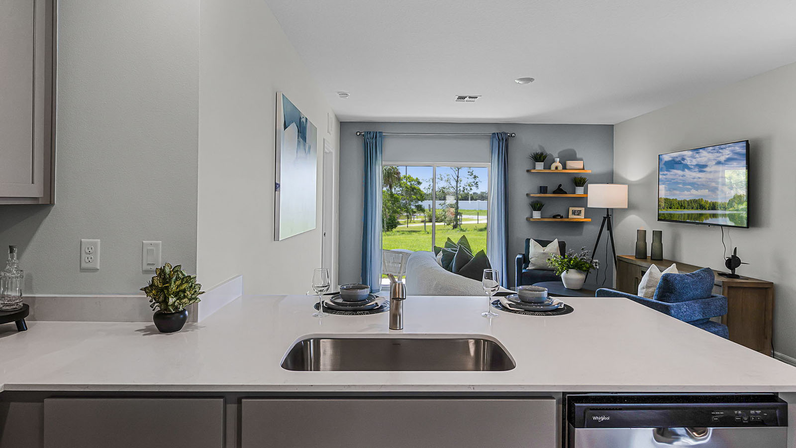 Kitchen showing view of living room