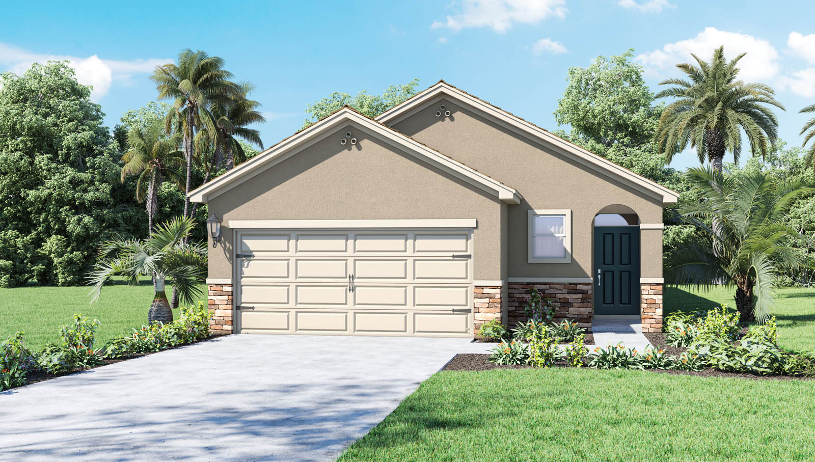 Rendering of a one-story home with pathway to the front door with stone accents