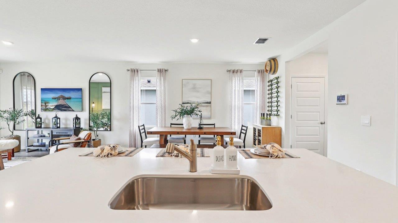 View of island with large sink and modern faucet