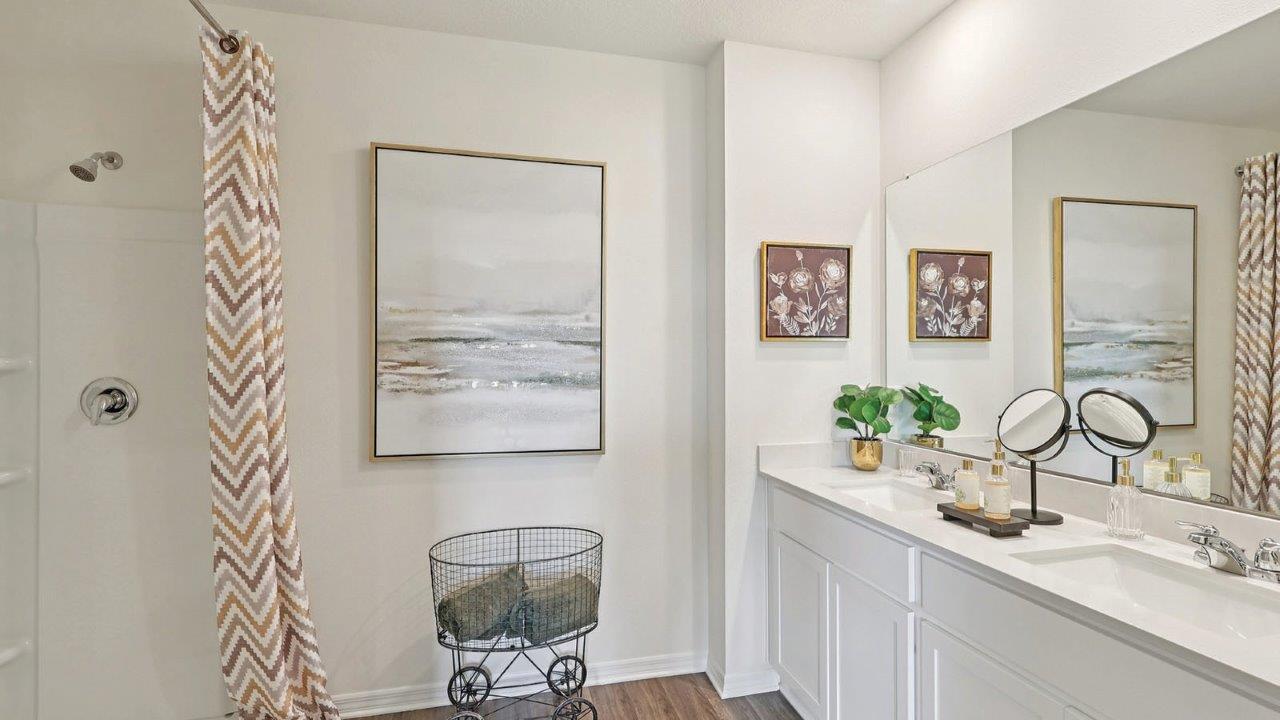 Primary bedroom with dual vanity sink