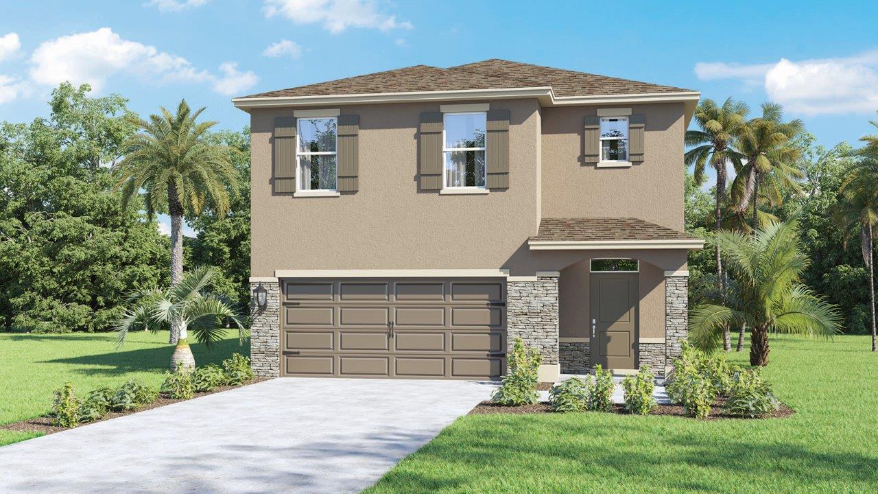 Two-story home with shutters and two-car garage with stone accents