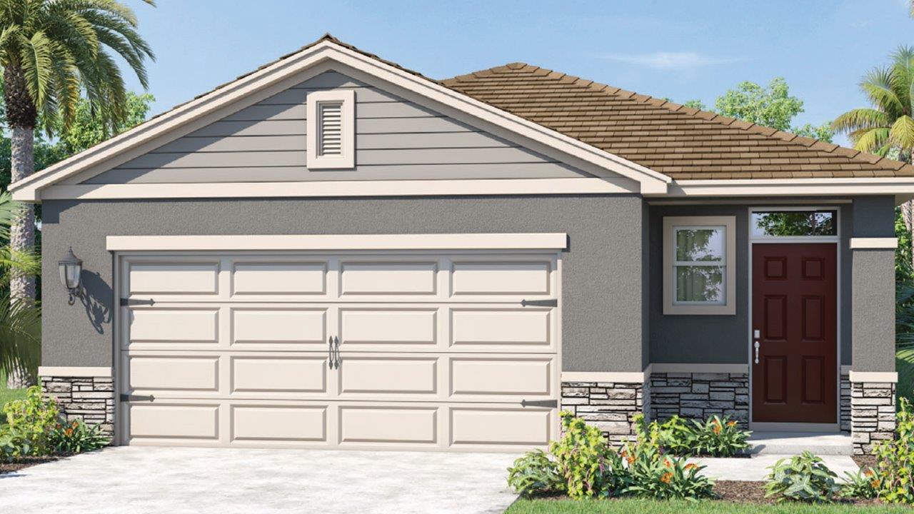One story single-family home with two-car garage and stone accents