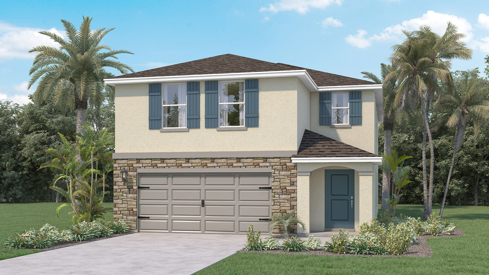 Rendering of two-story home exterior with 2 car garage and front porch with stone accents