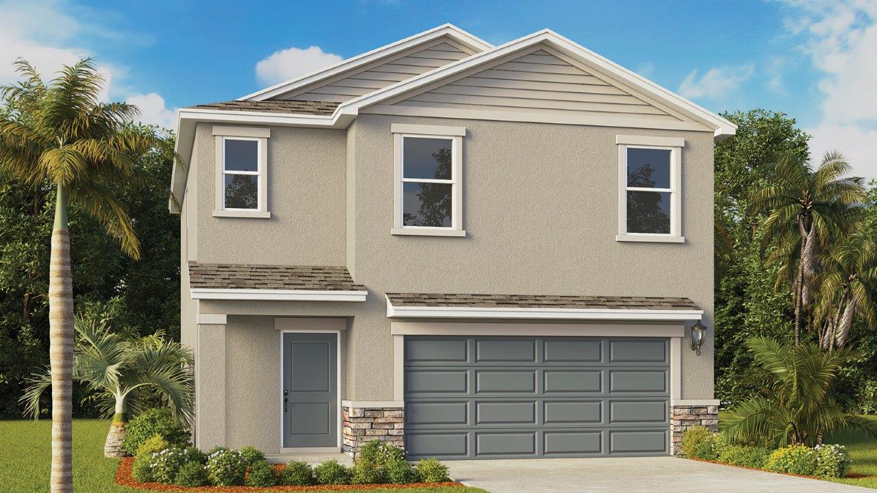 Exterior single familly, 2-story home with stone accents and 2-car garage