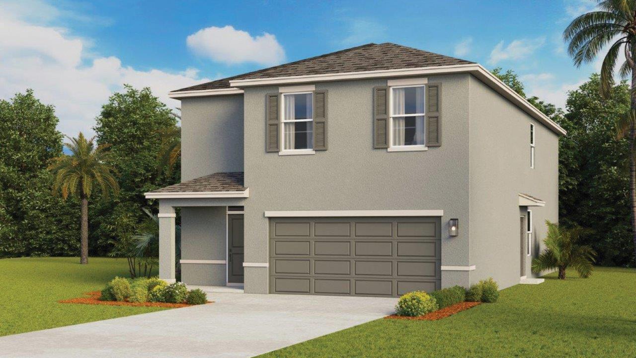 Virtual image of a single family home with two car garage and shutters