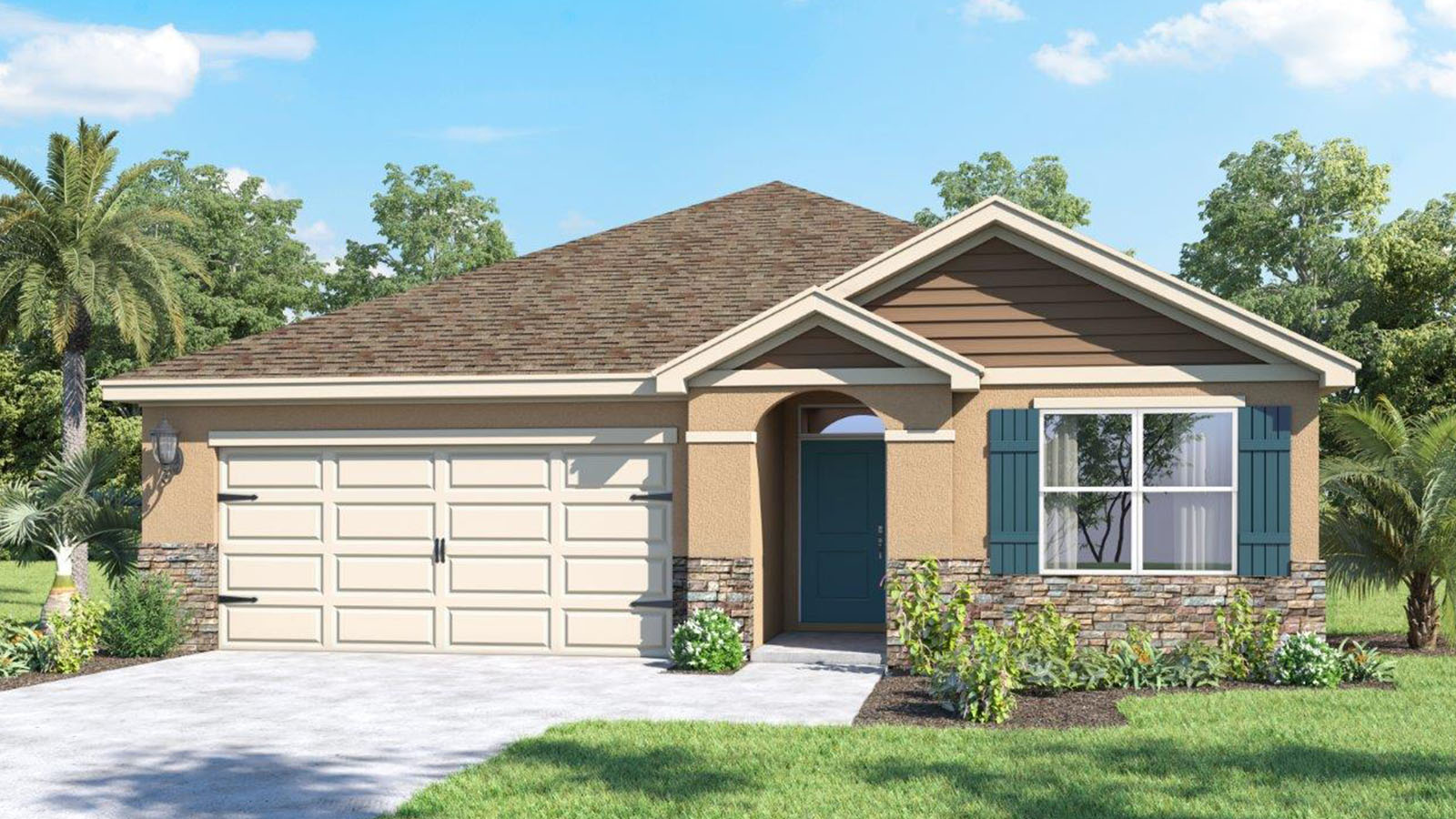 Exterior single-family home with two-car garage and arched entry way with stone accents