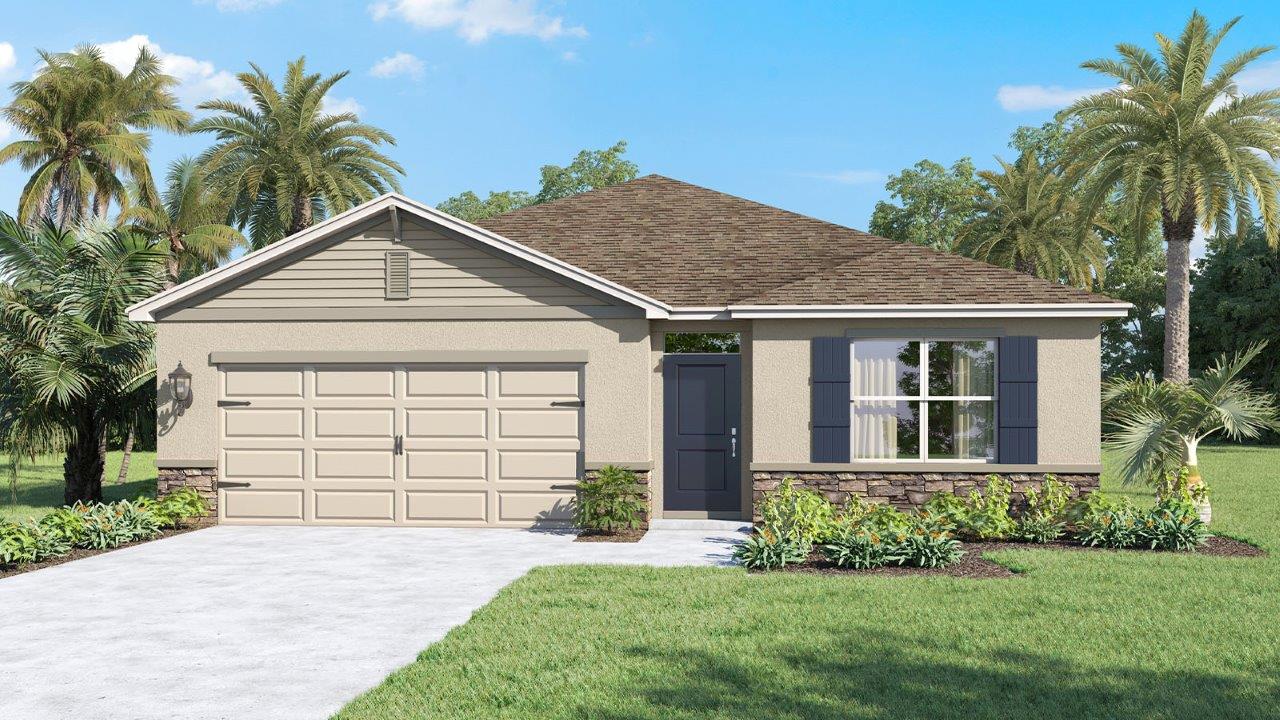 Exterior single family home with two car garage and stone accents