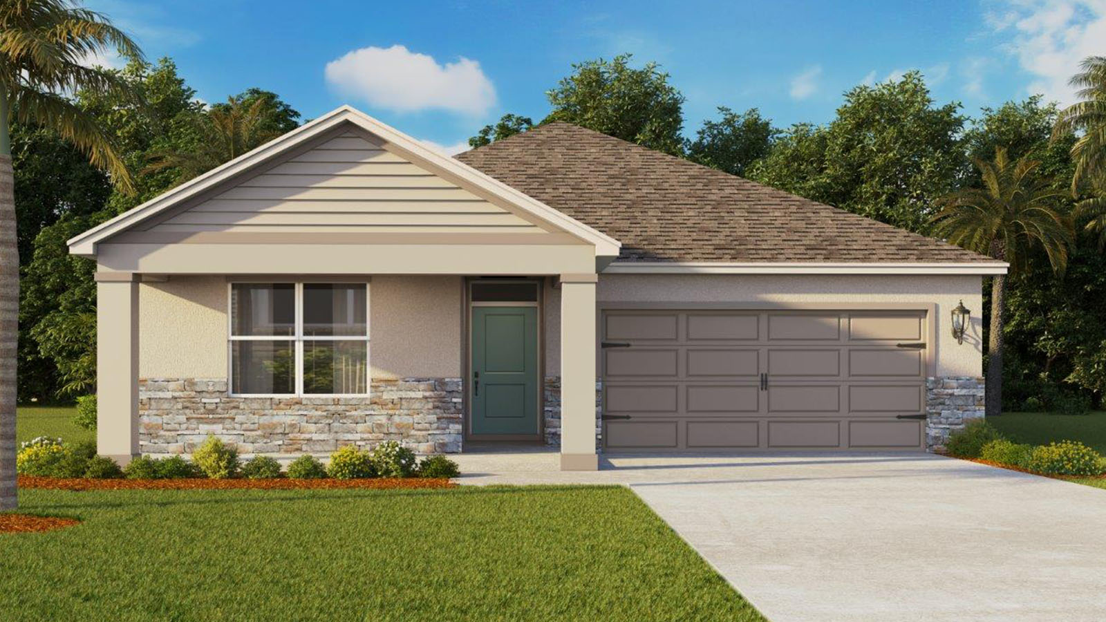 Single-story home with two-car garage and front porch with stone accents