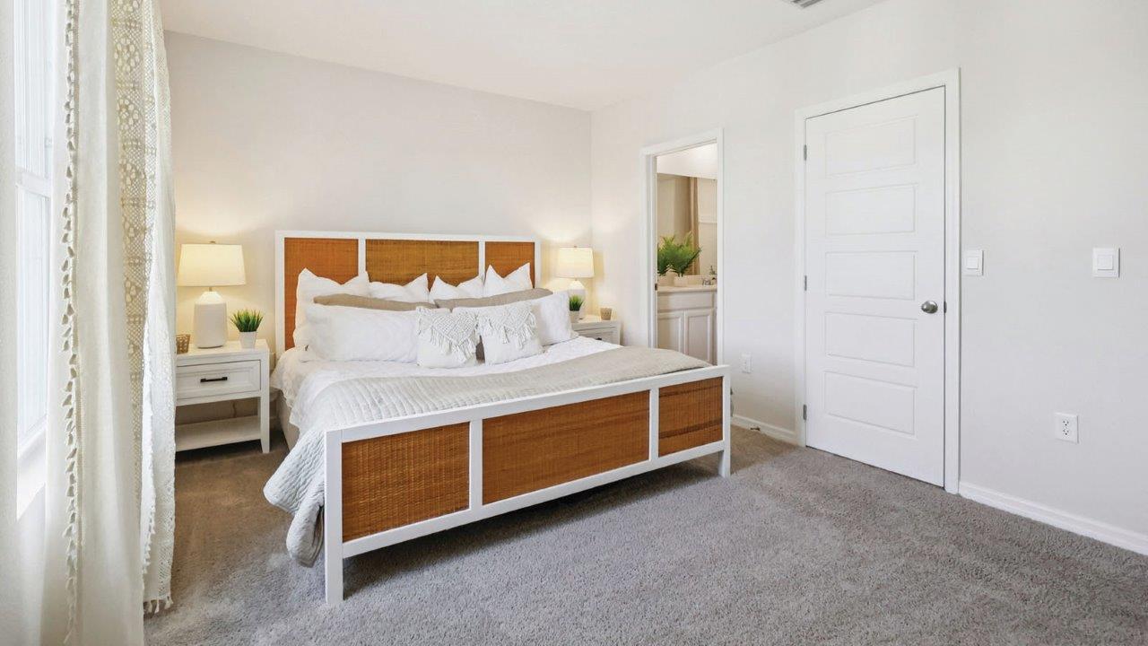 Primary bedroom with king size bed and attached bathroom