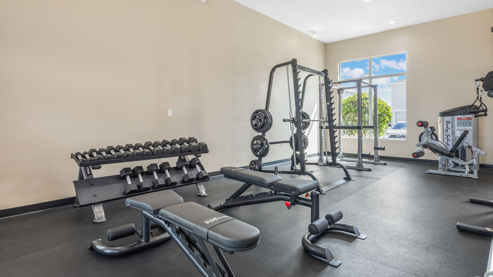 Inside fitness center weights