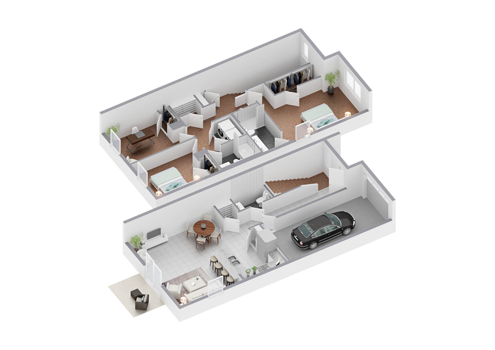 3D virtually staged layout of first and second floor