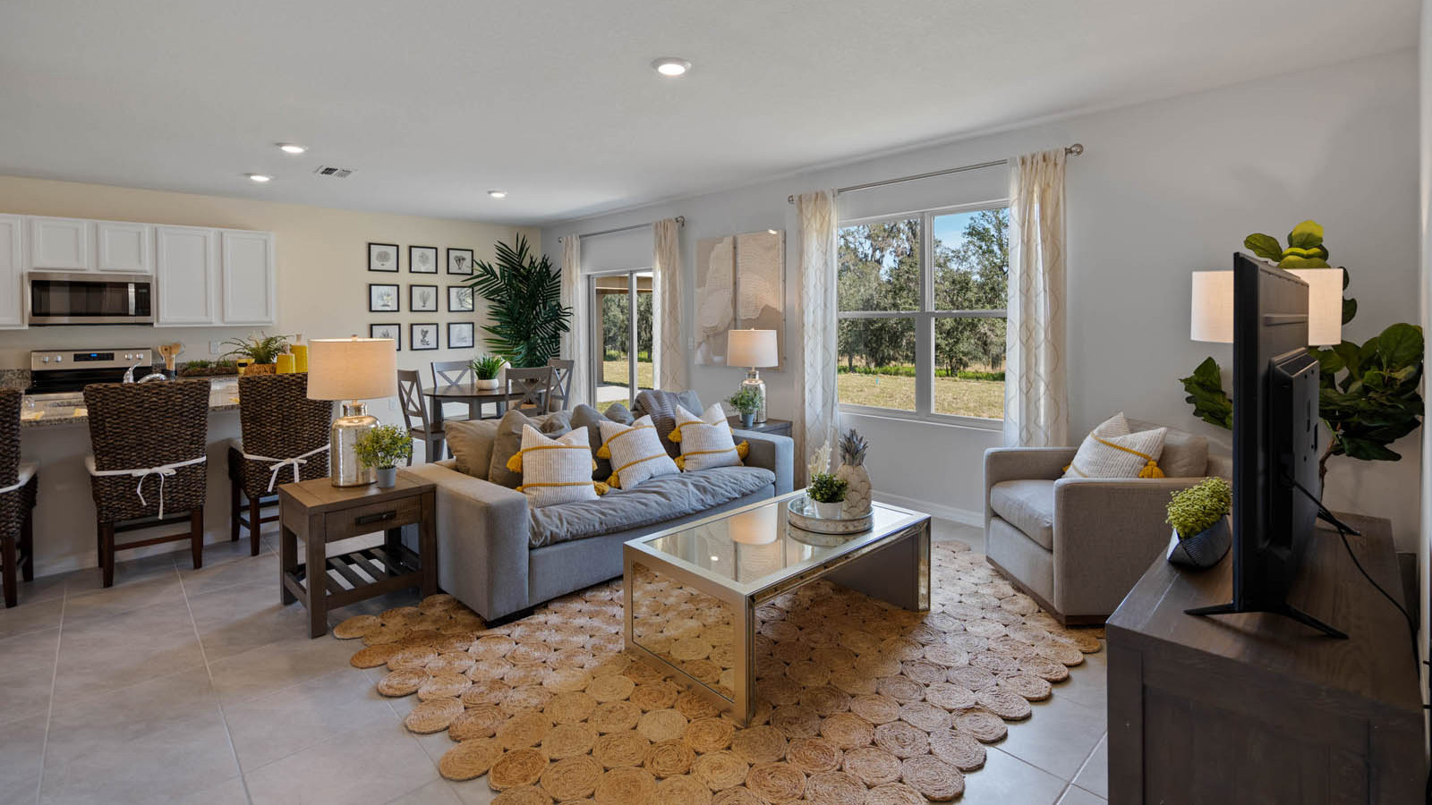 Living room with the kitchen behind