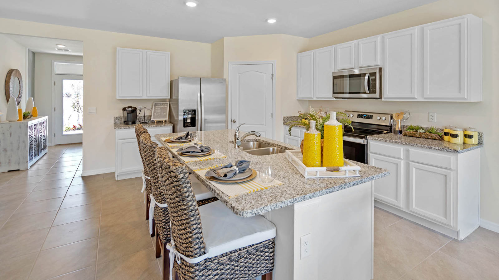 Kitchen with island and barstools