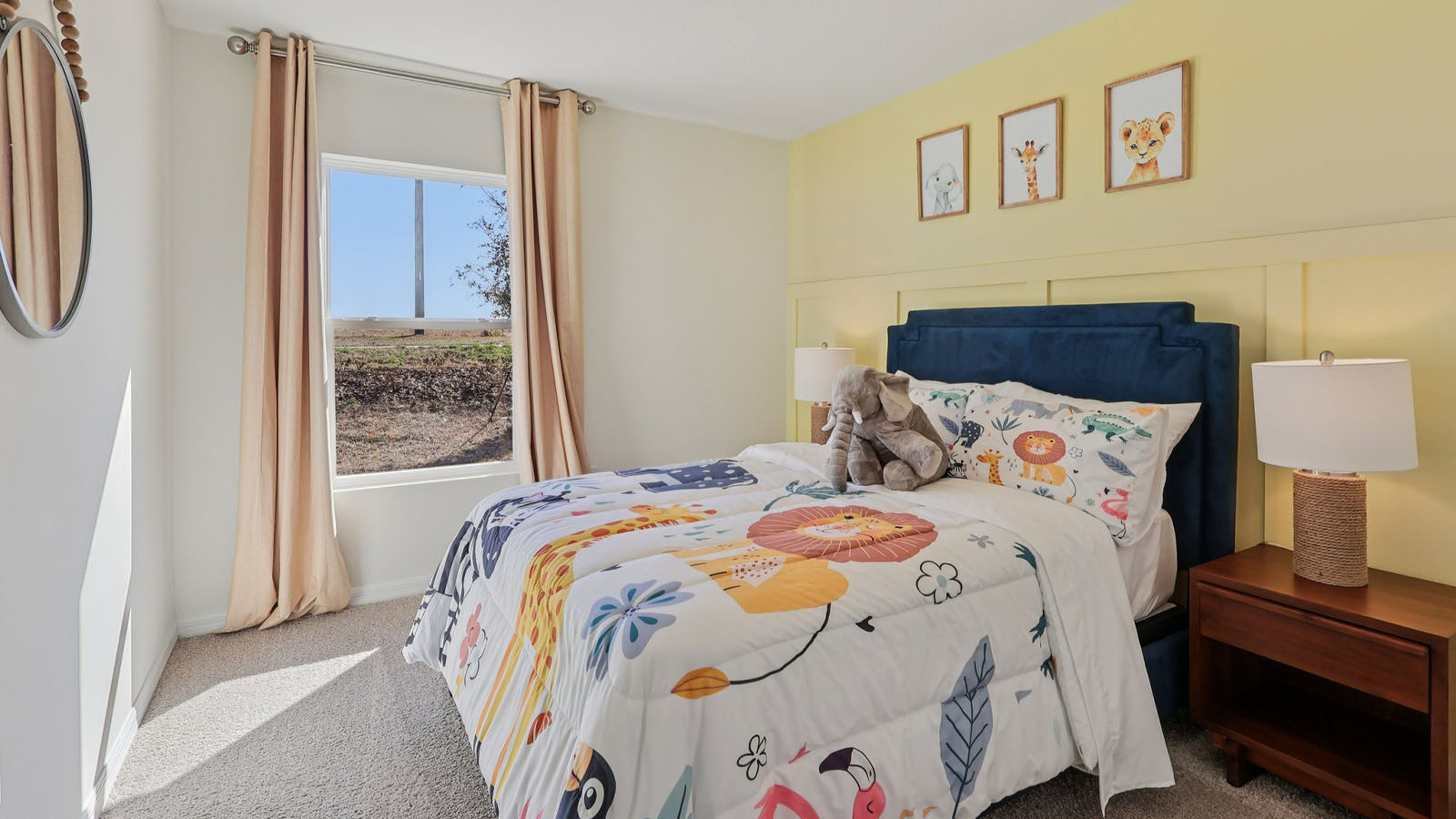 Guest bedroom staged as yoga room with fitness equipment on shelves