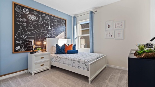 Kid bedorom with full size bed and science artwork on the walls
