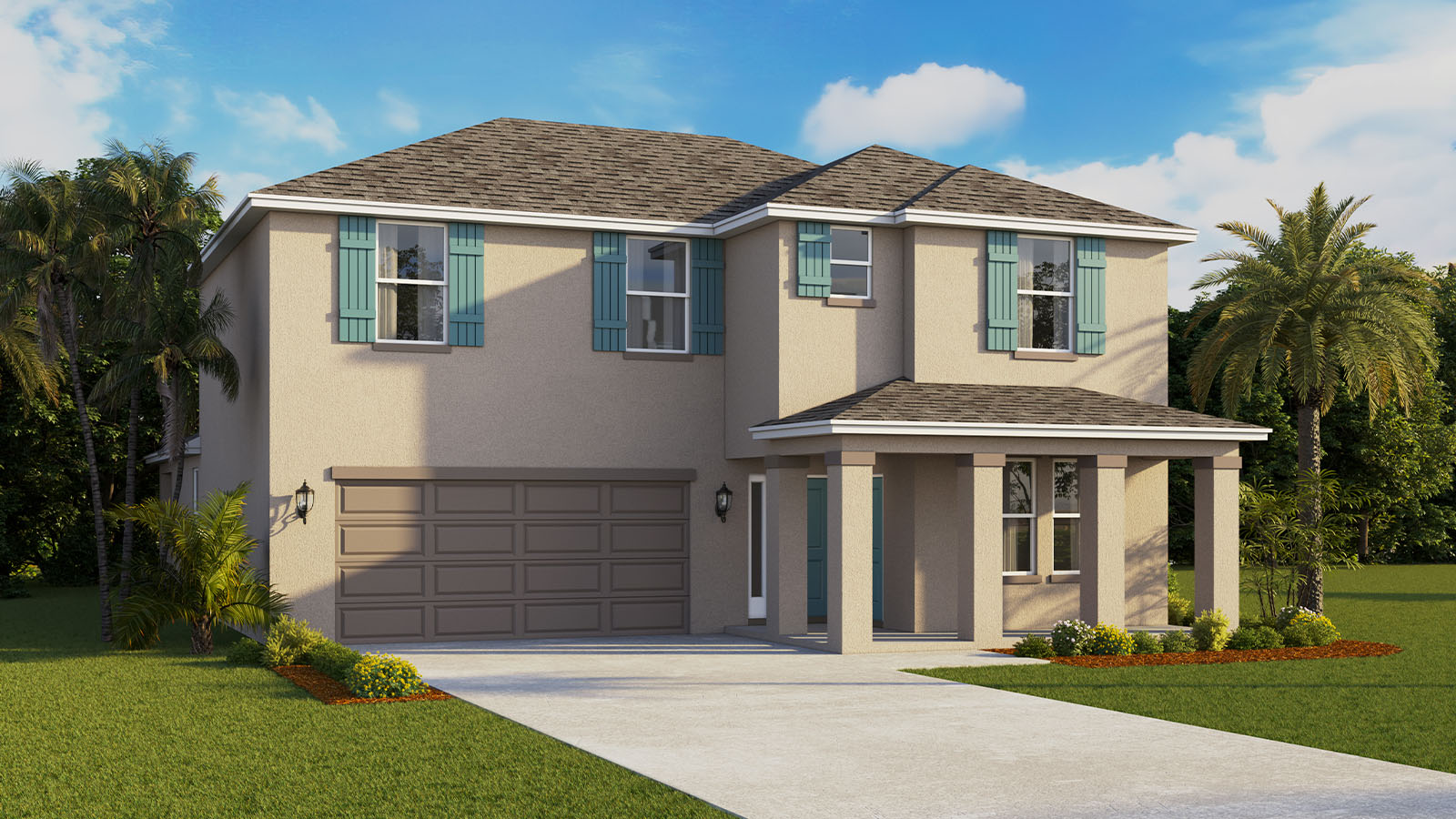 Exterior image of two story single family home with two car garage