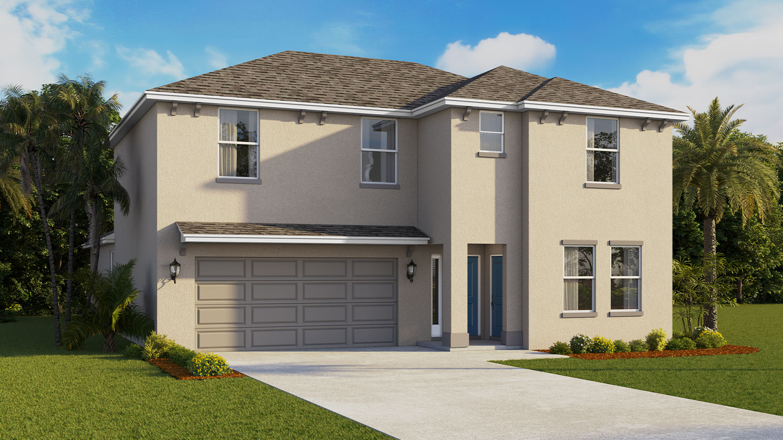 Rendering image of two story single family home with two car garage