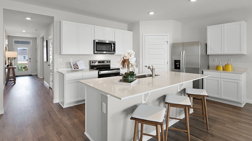 Kitchen with stainless steel appliance and luxury vinyl planks