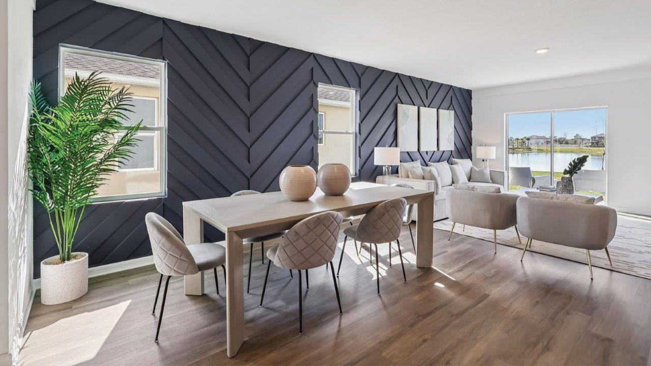 Dining room table and living room view