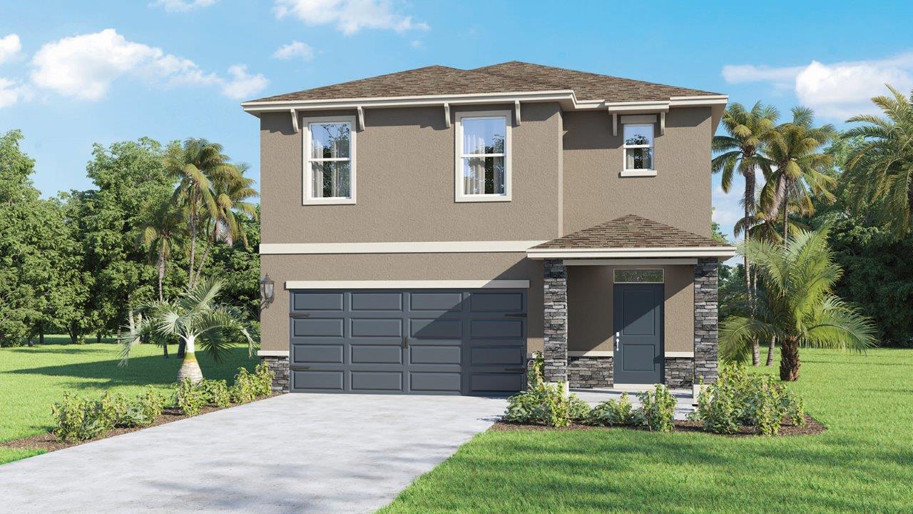 Two-story home with two-car garage stone exterior