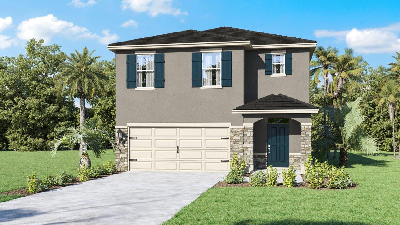 Two-story home with shutters and two-car garage