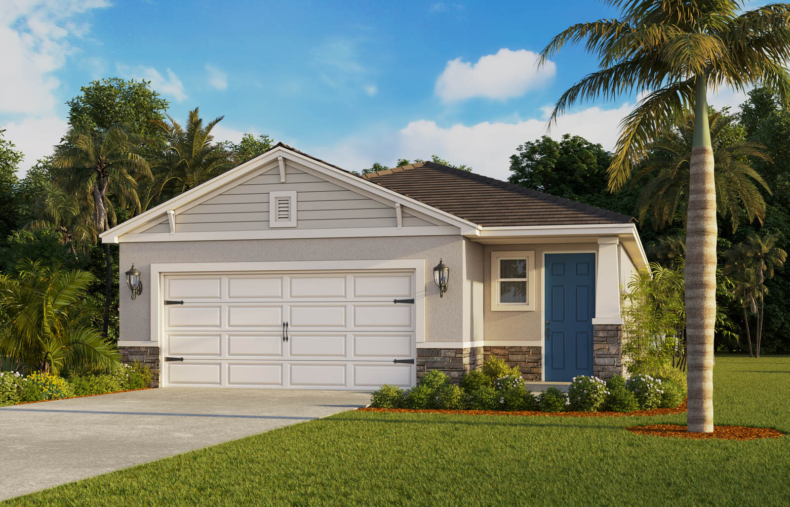 Rendering of one story home with stone exterior