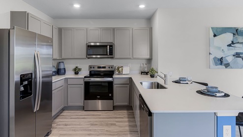 Kitchen with stainless steel appliance and luxury vinyl planks