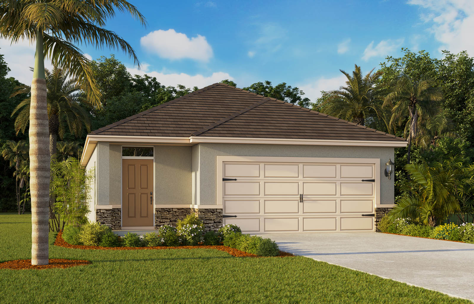 Rendering One story home with stone