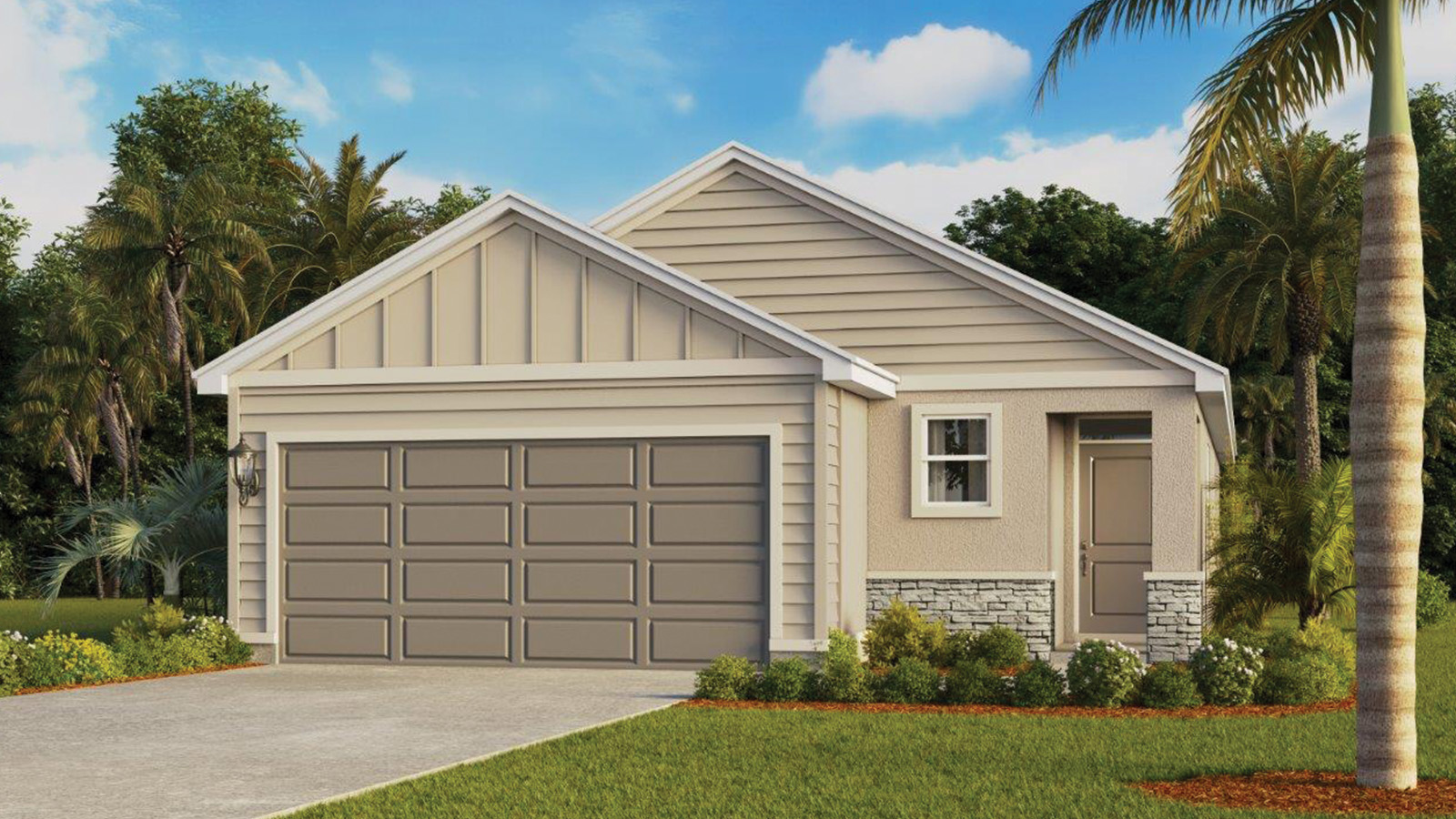 Rendering of single family home with 2 car garage