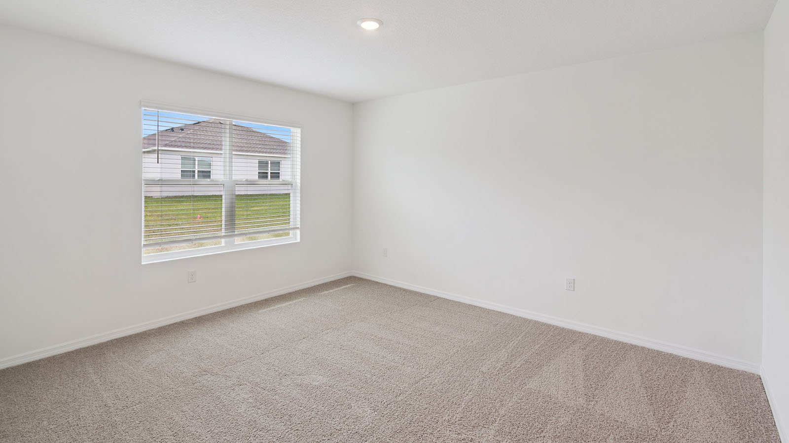 Primary bedroom with plush carpet flooring and window with view to backyard