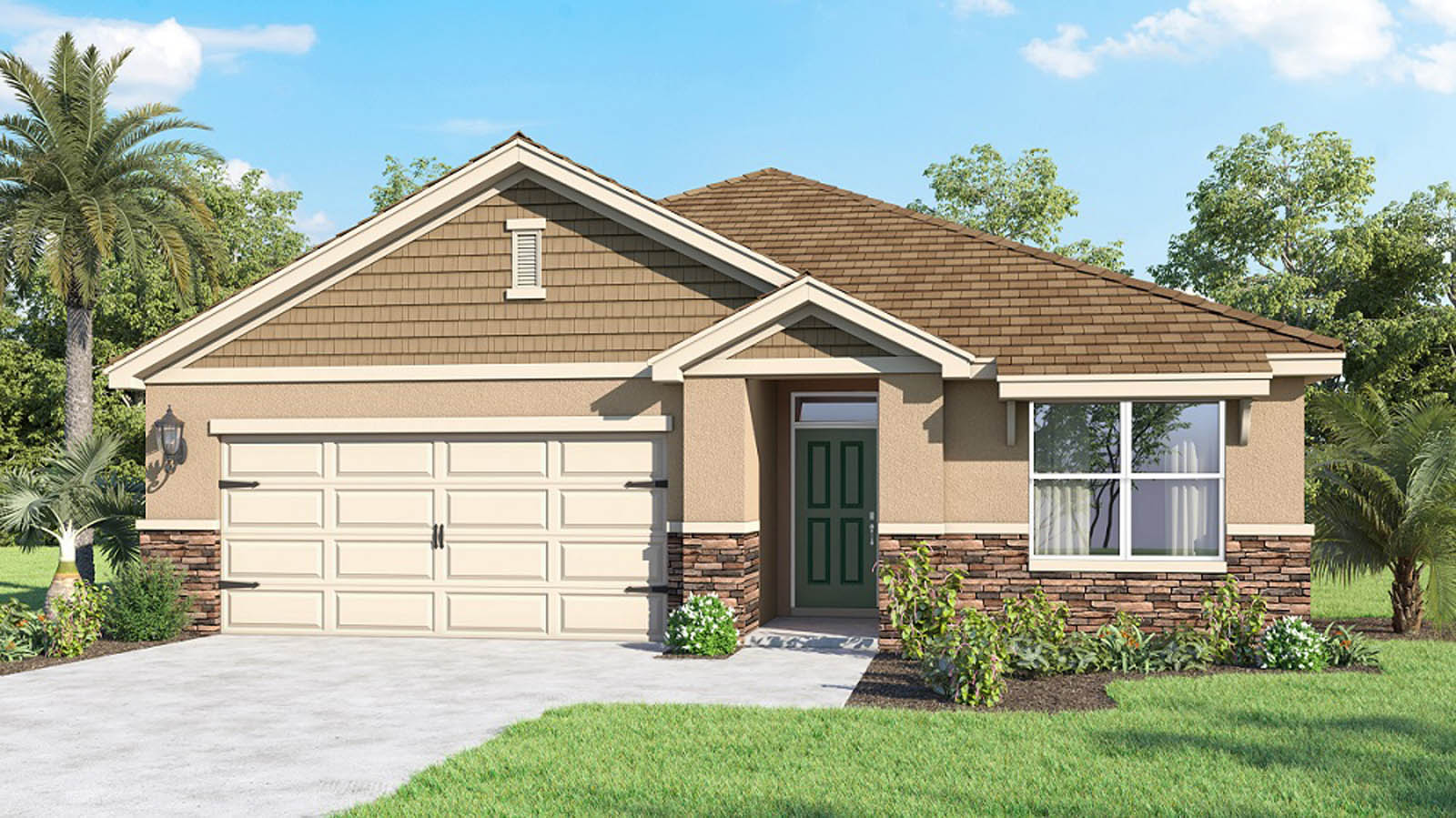 Rendering one story home with stone