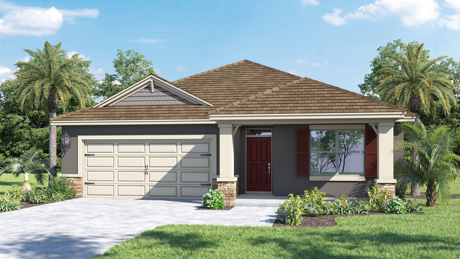 Rendering of a one story home with front porch with stone