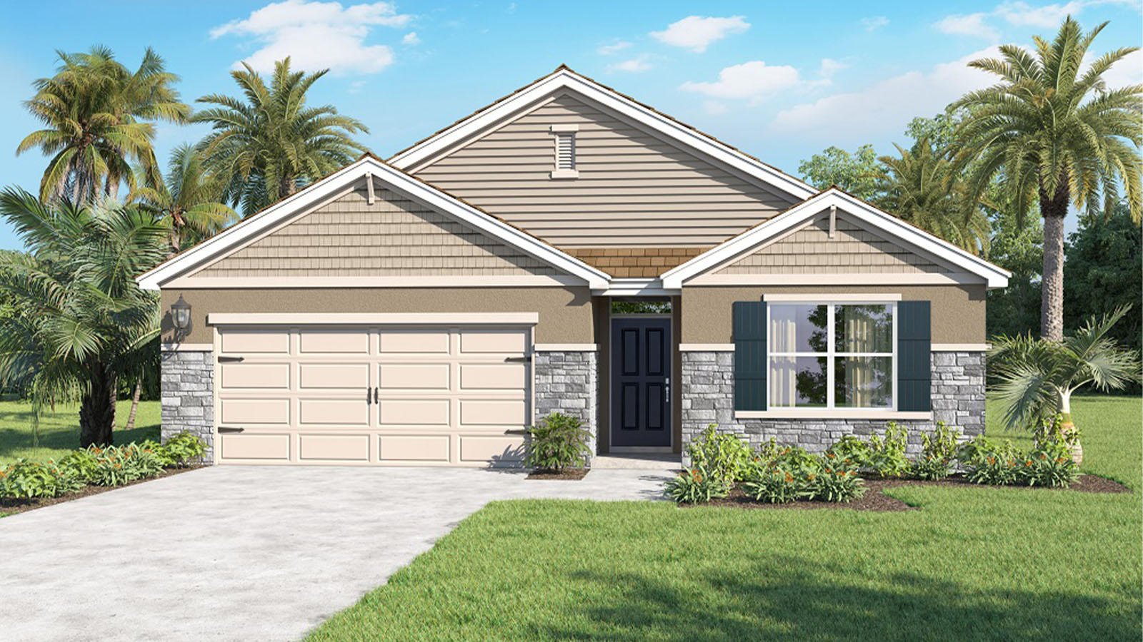 Rendering of a one story home with stone