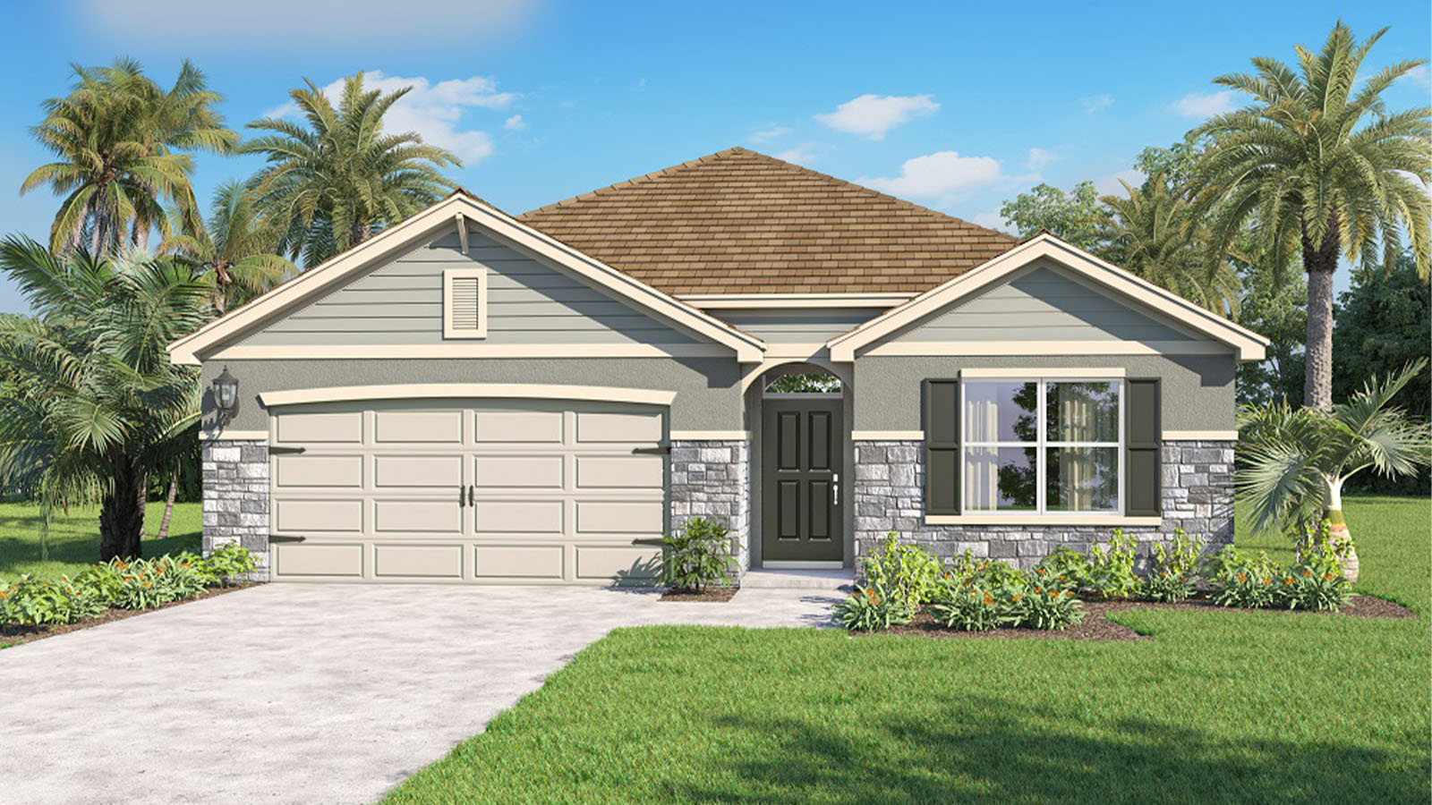 Rendering of a one story home with stone