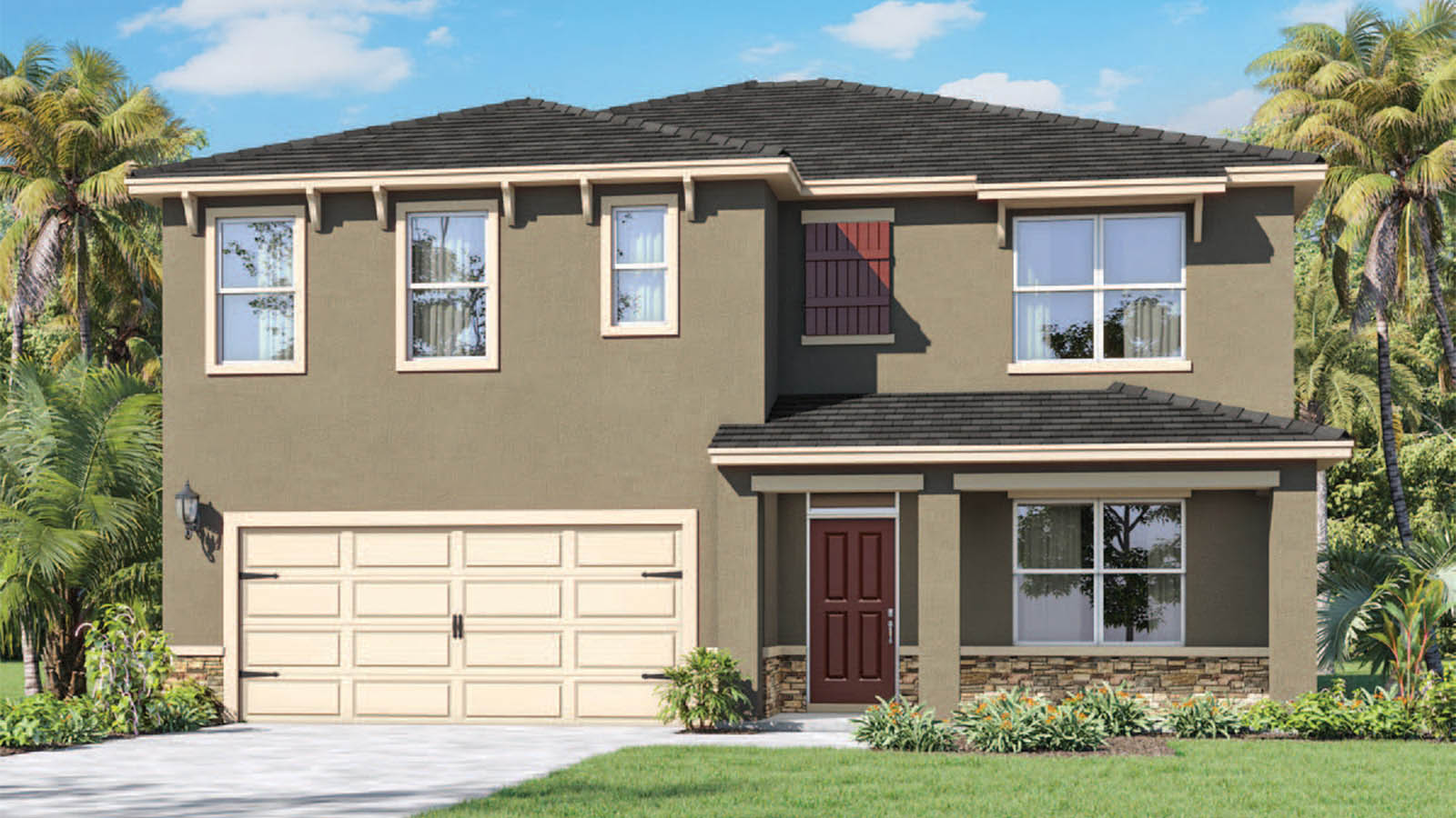 rendering of a 2 story home with stone