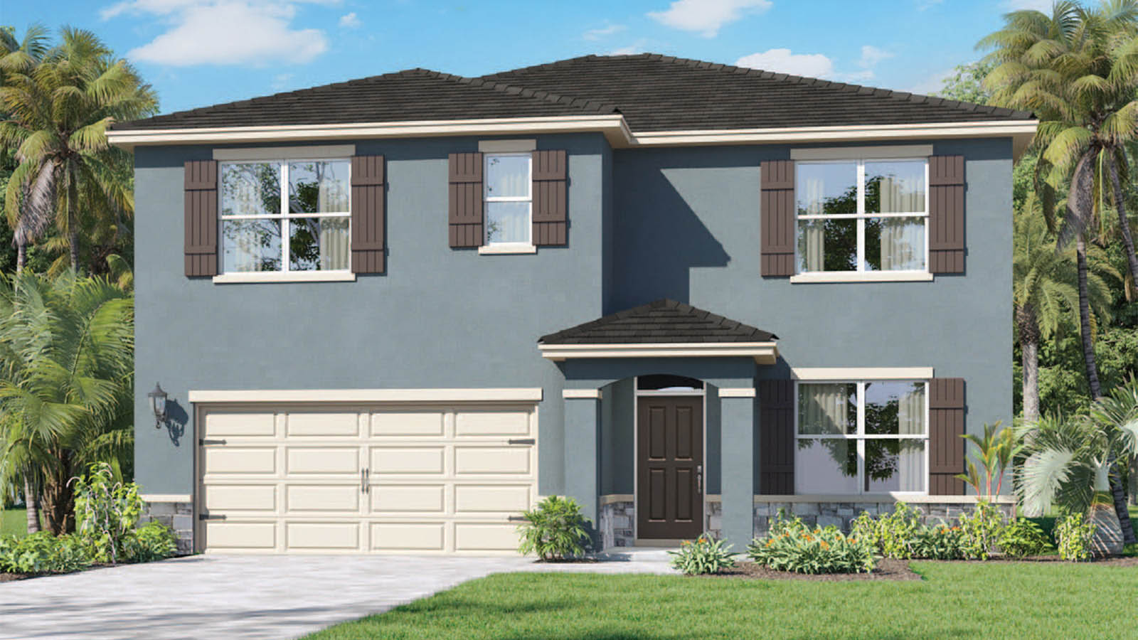 rendering of a 2 story home with stone