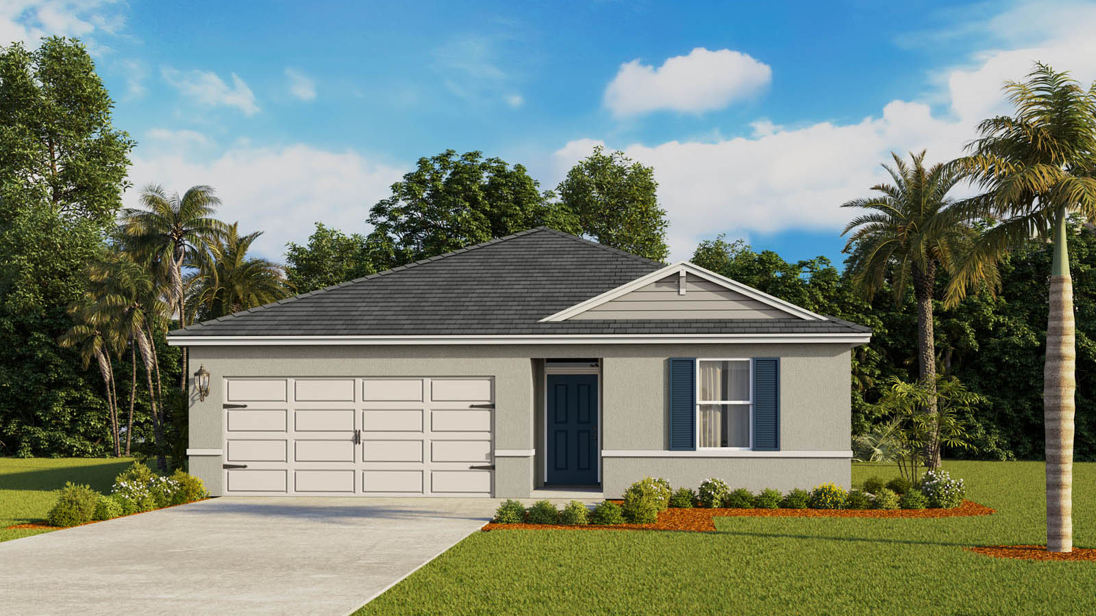 Rendering of a One story home with blue shutters with stone