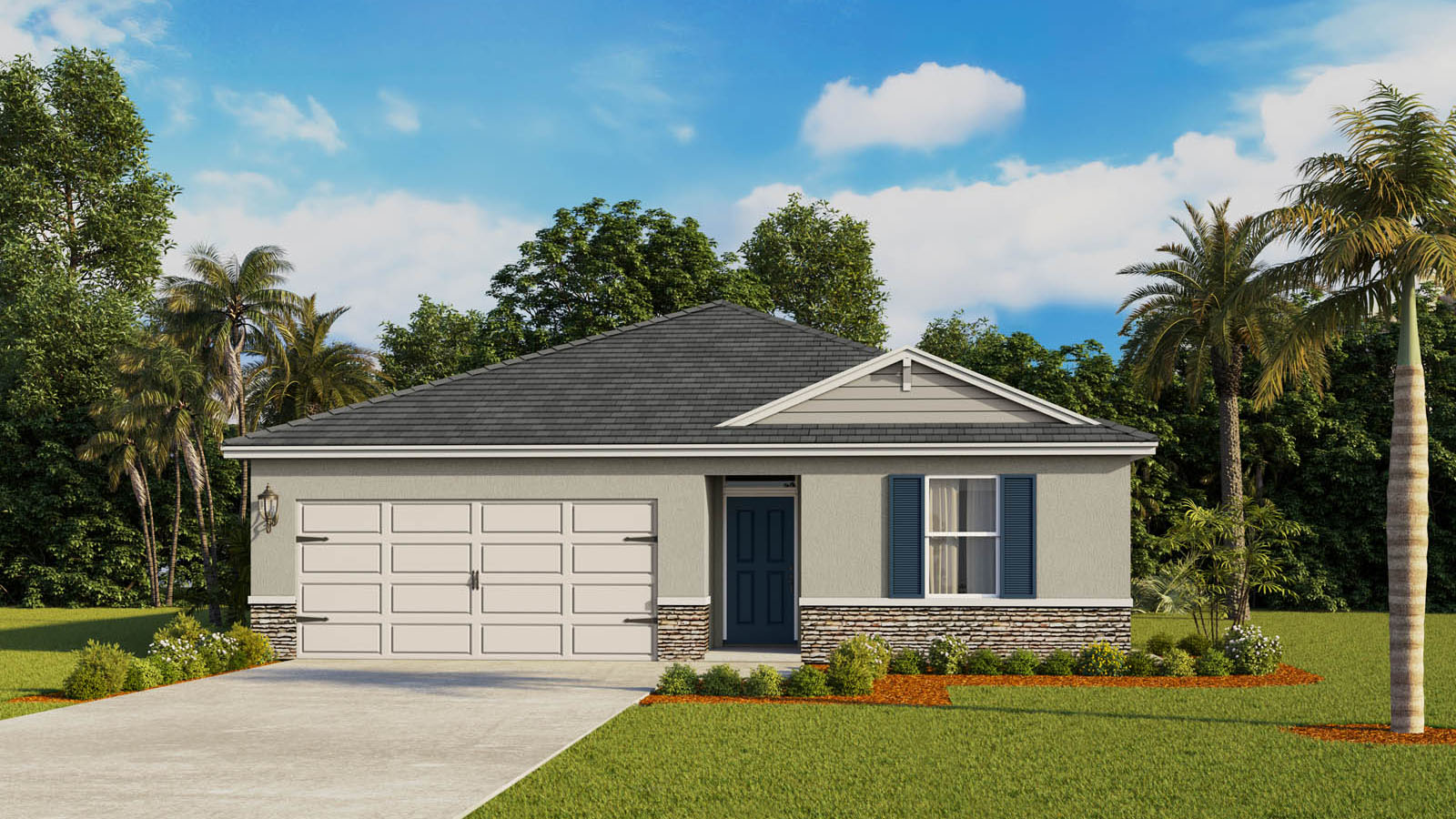 Rendering of a One story home with blue shutters